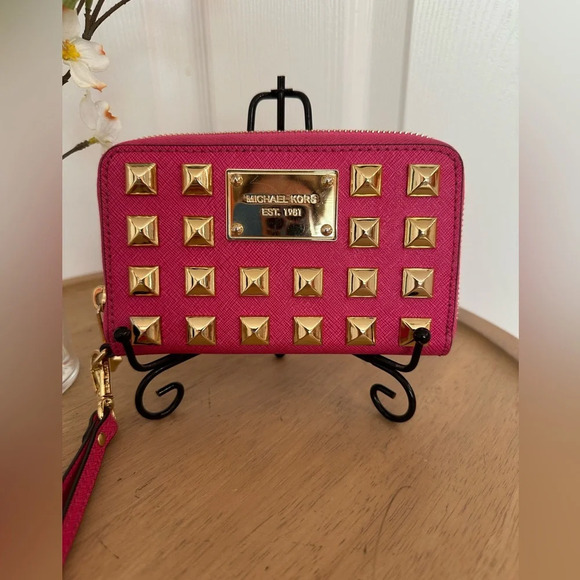 Michael Kors Handbags - MICHAEL KORS ~ Women’s small pinkish/red wristlet with bold gold pyramid accents